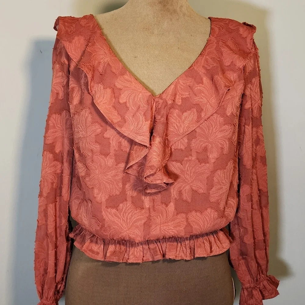Anthropologie  burnt orange floral textured blouse long sleeve v neck  v back